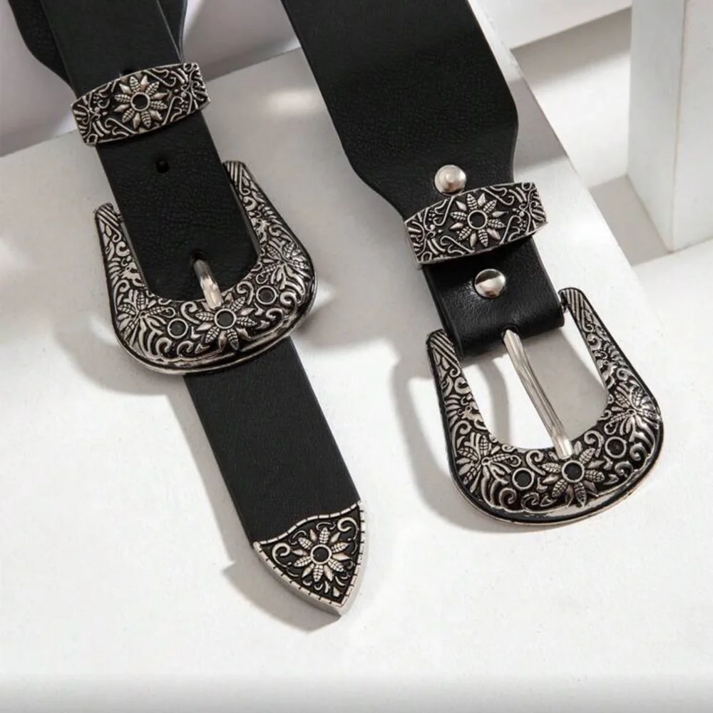Black Western Vegan Leather Double Buckle Belt